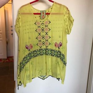 Johnny Was Yellow Embroidered Cap Sleeve Blouse